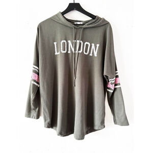 About A Girl London Graphic Hooded Long Sleeve Tunic Top XL Olive Pink Stripe
